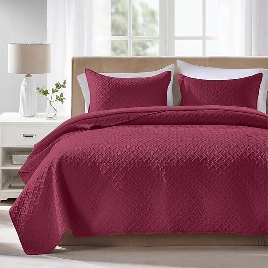 FLYMME Quilts King Size,Lightweight Burgundy Bedspreads,Basket Weave Pattern,Ultra Soft Microfiber Bed Coverlet 3 Pieces for All-Seasons (1 Quilt,2 Pillow Shams)