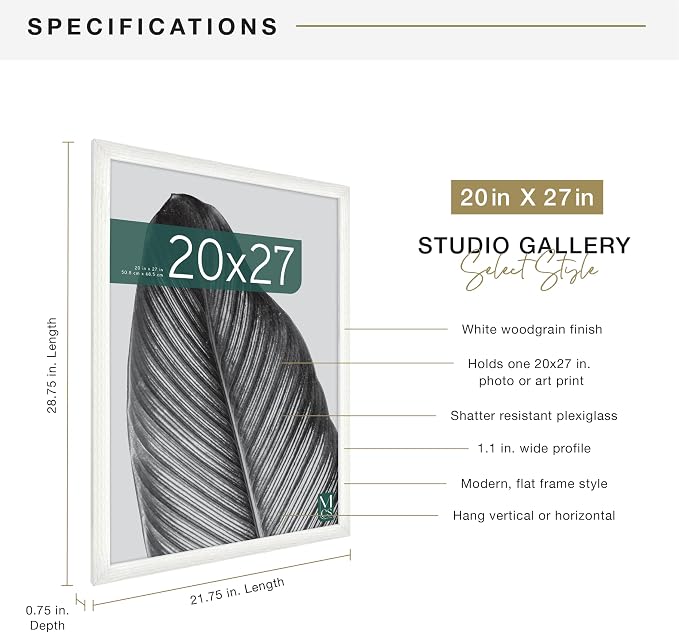 MCS Studio Gallery Poster Frame, 20x27, White Woodgrain