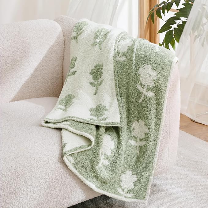 Snuggle Sac Twin Size Bedding Blanket, Sage Green Flower Throw Blanket for Couch, Microfiber Fluffy Warm Cozy Fuzzy Soft Reversible Blankets, Sage Green, 60x80 inches