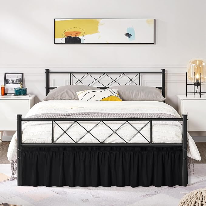 Wrap Around Full Size Bed Skirt Split Corners 18" Drop-Elastic Dust Ruffle | Black Adjustable Pleated Bedskirt-Easy Fit Wrinkle Resistant Washable Bed Skirting-Hotels Apartment Guest Bedroom Bed Posts