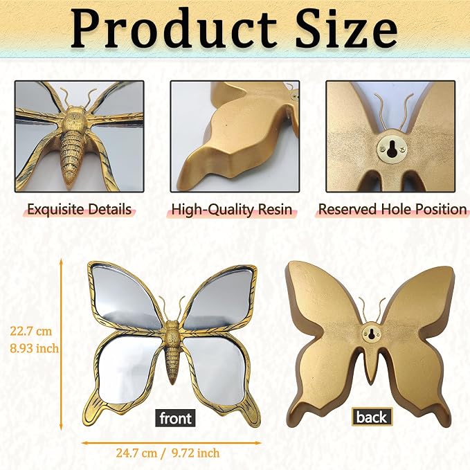 Gold Resin Butterfly Mirror Wall Decor, Vintage Insect Shaped Decor Mirror | Butterfly Shaped Accent Wall Mirror, Butterfly Mirror Wall Sculpture, Creative Home Decoration for Bedroom Balcony Corridor
