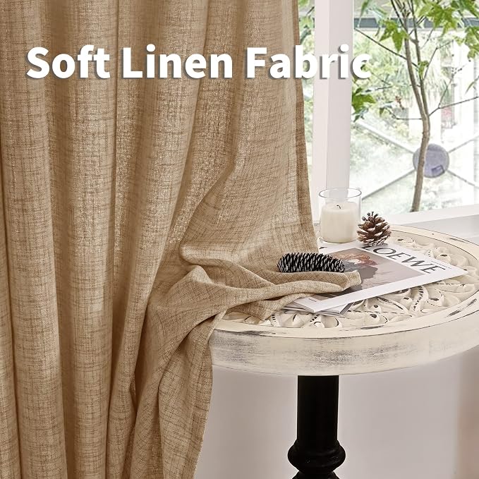 YoungsTex Burlap Linen Curtains 72 Inch Length for Living Room, Toffee Semi Sheer Window Drapes Light Filtering with Bronze Grommet for Bedroom Farmhouse, 2 Panels, 52 X 72 Inch