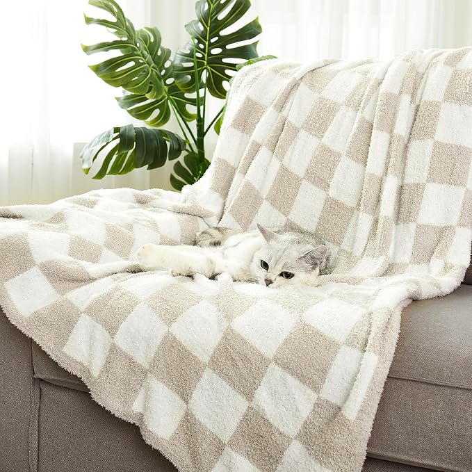 Checkered Throw Blanket for Couch, Soft Cozy Warm Knitted Blankets | Lightweight Fuzzy Travel Warm Decor for Women, Mom, Girls, Sofa, Chair, 60x80in, Taupe