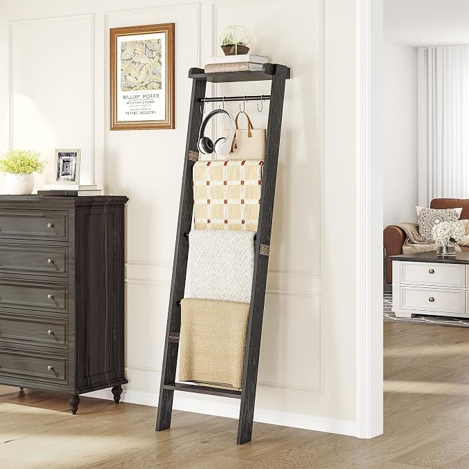 Hzuaneri Blanket Ladder Shelf, Farmhouse Ladder Holder, Blanket Organizer | 6-Tier Decorative Quilt Rack with 4 Removable Hooks 7.9" D x 17.3" W x 63.4" H, Black BR35804B