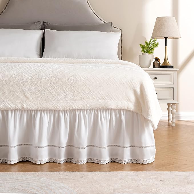 MIYE Wrap Around Ruffled Lace Bed Skirt, Elastic Dust Ruffle with Adjustable Belts, Easy to Put On, Bed Frame Cover, Machine Washable (Floral Lace/White, Full/Twin-15 Drop)