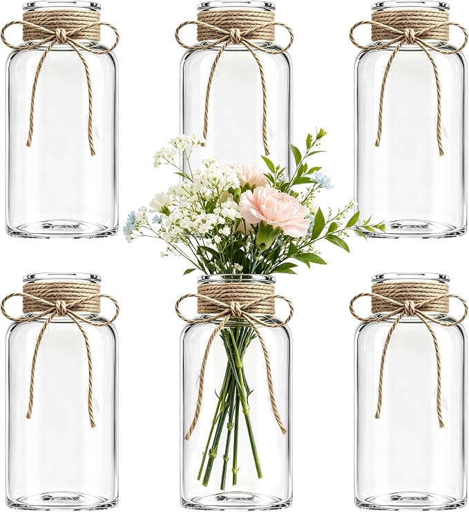Mason Jar Glass Vases 6 Pack, Clear Flower Vase for Centerpieces | Rustic Farmhouse Home Decor, Bud Vase with Twine, Wedding Table Decoration, Boho Floral Arrangement, Vintage Jars Bulk