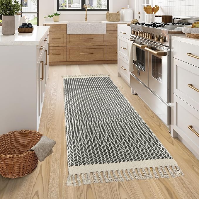 Lahome Boho Bathroom Runner Rug, 2x6 Washable Rugs for Kitchen Hallway | Woven Cotton Laundry Room Throw Carpet with Tassels, Farmhouse Decor Grey Non Shedding Lightweight Mat for Entryway Bath