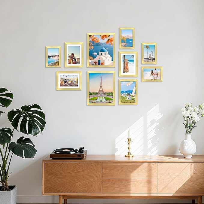 decorUhome 10 Pack Assorted Picture Frame Set for Wall & Tabletop, P0710GD | Gold, Multi Size Picture Frame Includes Two 8x10 / Four 5x7 / Four 4x6 for Family Gallery Wall