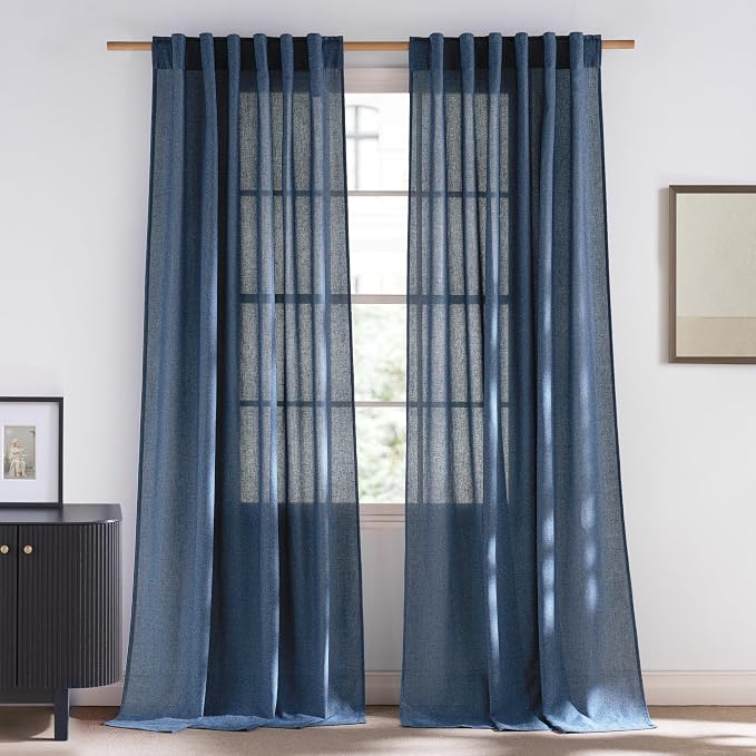 NICETOWN Navy Blue Linen Blend Living Room Curtains, Rod Pocket & Back Tab Privacy Added Thick Linen Weave with Light Filtering Window Treatments for Bedroom, W55 x L102, 2 Panels