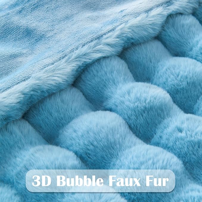 NEWCOSPLAY Faux Fur Thick Bubble Twin Blanket for Couch, Blue, 60"x80" | Luxury Fluffy Thick Warm Bubble Blanket for Couch Sofa Bed 1000GSM, Soft Plush Cozy Decorative Throw, Gift for Women Men