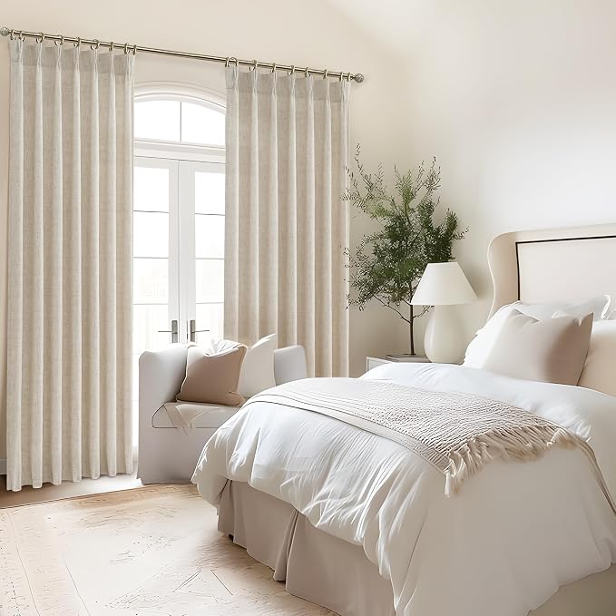 PleatedDrapes 96 Inch Curtains 2 Panel Set, Modern Linen Pleat Back Tab Dining Room Window Curtains Light Filtering Aesthetic Semi Sheer Living Room Drapes with Hooks Ring Cream Oatmeal W40 x L96