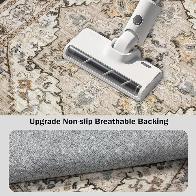AooHHooA Boho Washable 2x10 Runner Rugs Beige Non Slip Low Pile Long Runner Rug, Stain Resistant Soft Faux Wool Runners for Hallway Laundry Entryway Bedroom