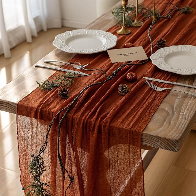 6Pcs Fall Terracotta Cheesecloth Table Runner 120 Inch Party Home Decor | For Thanksgiving Friendsgiving Wedding Bridal Shower Baby Shower Engagement Party Rustic Boho Home Decorations