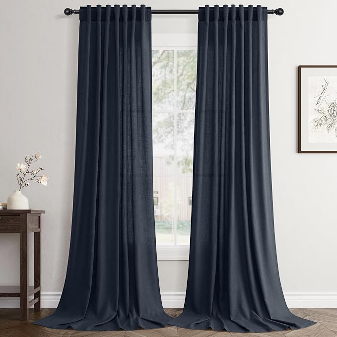 Jowels Retro Blue Linen Curtains 84 Inch Long 2 Panels for Living Room | Light Filtering Semi Sheer Curtain, Back Tab Pocket Pleated Look, Boho Farmhouse Textured Privacy Drapes for Bedroom Window