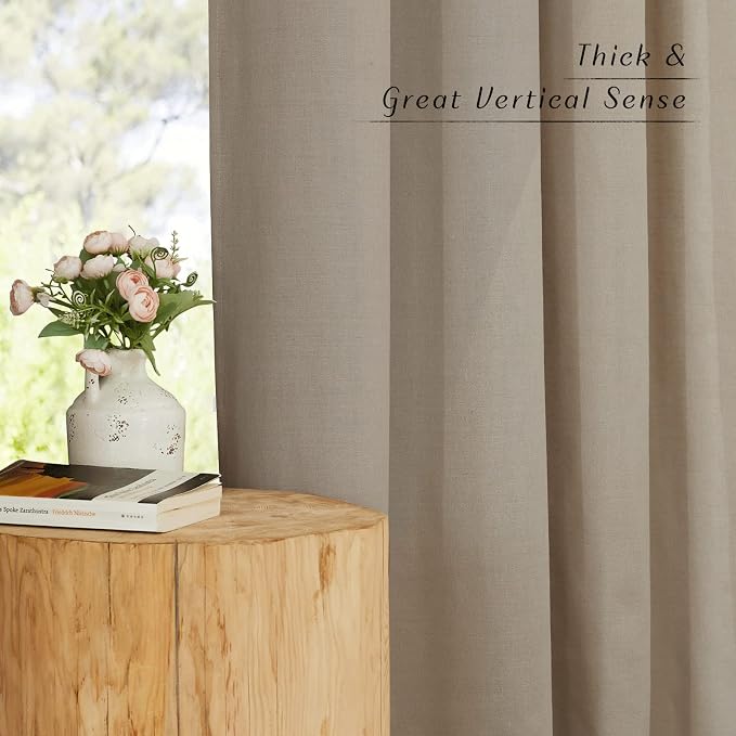 NICETOWN Rod Pocket & Back Tab Thick Flax Semi Sheer Linen Curtains, Privacy with Light Filtering Panels for Home Decor, Taupe, W55 x L95, 2 Panels