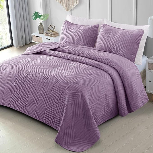 Exclusivo Mezcla Ultrasonic Twin Quilt Bedding Set, Dusty Lavender | Lightweight Bedspreads, Soft Microfiber, Modern Geometric Coverlet, All Season Bed Cover, 1 Quilt and 1 Pillow Sham