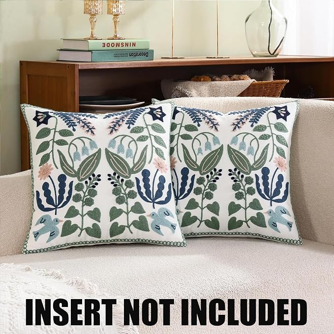 Embroidered Throw Pillow Covers 18x18 inch Set of 2 Blue Birds | Durable Fabric,Square Pillow Cover,Boho Decorative,Hidden Zipper,Aesthetic Design,Ideal Gift,Machine Washable