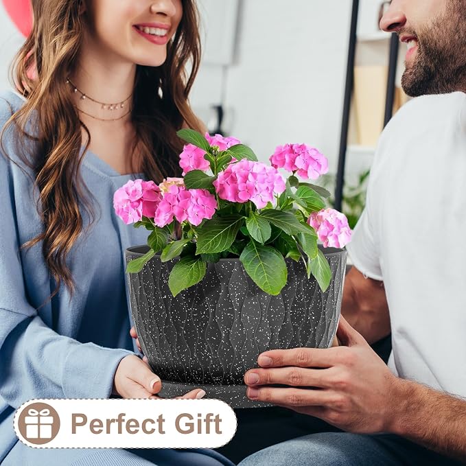 WSMKSZ 12 Inch Wide Water Ripples Flower Pots for Indoor or Outdoor Plants, Large Plant Pots with Drainage Holes & Saucer, Plastic Planters Set for Garden & Home Decor (Black with White Speckles)