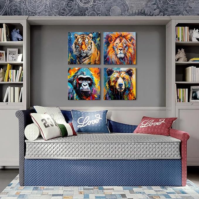 Animal Canvas Wall Art Boys Room Decor Watercolor Wildlife Portrait Picture Abstract Bear Tiger Lion Chimpanzees Painting Kids Bedroom Graffiti Banksy Artwork for Nursery Home Decoration 20x20"x4