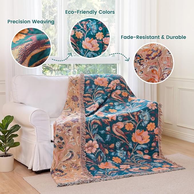 MSGKV Boho Throw Blanket 50"x60" Cotton Birds Floral Blanket for Couch | Muslin Throw, Birds Floral Pattern, Reversible Woven, Lightweight Comfort, Farmhouse Decor, All Seasons, Machine Washable