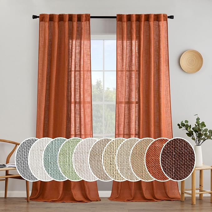 MIULEE Rust Fall Linen Curtains 52x90 Inch 2 Panels for Bedroom Living Room | Terracotta Soft Thick Linen Textured Window Drapes, Semi Sheer Light Filtering, Back Tab Rod Pocket, Burlap Look Fall Decor