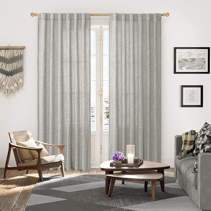 YoungsTex Dark Grey Linen Curtains 80 Inch Length 2 Panels for Living Room | Semi Sheer Drapes Rod Pocket Back Tab for Bedroom Office Privacy Light Filtering, 52 X 80 Inch
