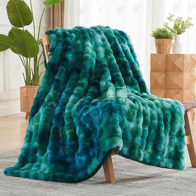 NEWCOSPLAY Faux Fur Bubble Twin Blanket for Couch, Tie-Dye Teal, 60"x80" | Fluffy Soft Thick Warm Bubble Blanket for Couch Sofa Bed 700GSM, Plush Cozy Luxury Decorative Throw, Gift for Women Men
