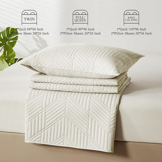 Davulos King/Cal King Quilt Set in Cream, Soft Reversible Microfiber Bedspread for All-Season Use in Bedroom or Dorm, Lightweight Modern Geometric Coverlet (1 Quilt, 2 Pillow Shams)