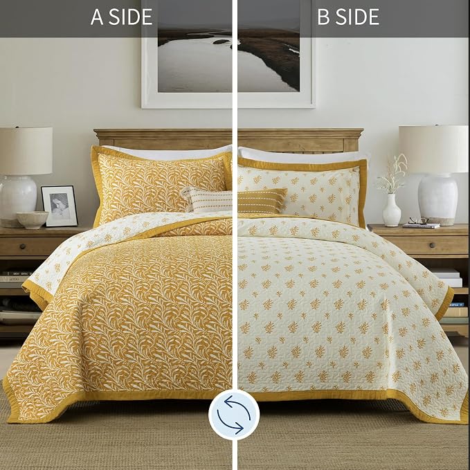 SahSahCasa Quilt Set Queen Size, 100% Cotton Quilt Bedding Set Bedspread, Botanical Pattern Solid Color Chic Lightweight Quilted Comforter for Queen Bed, Mustard Yellow, All Season, 3 Pieces