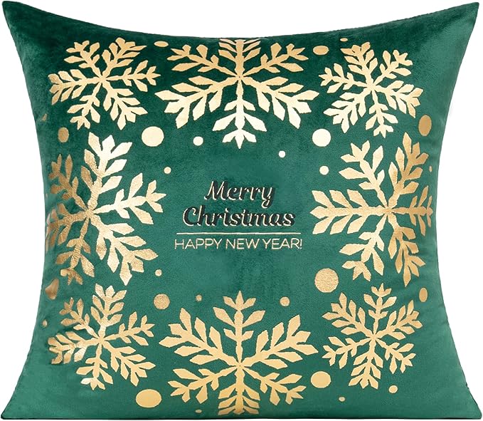 All Smiles Dark Green Gold Christmas Decorations Throw Pillow Covers Cases 18X18 Set of 4 Winter Xmas Indoor Home Décor Ornaments Velvet Navidad Cushion for Sofa Christmas Tree Snowflake Reindeer