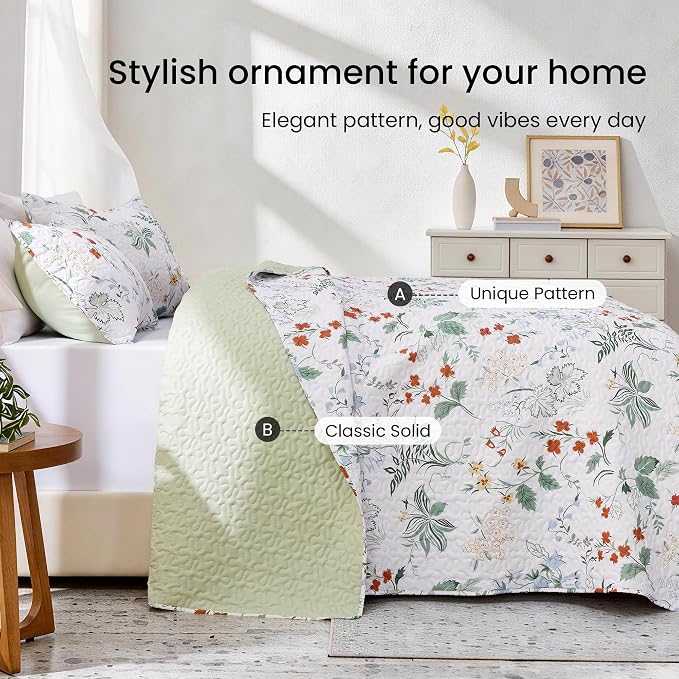 EXQ Home Printed Quilt Set Full Queen Size Green Leaves Bedspread Set | Bedding Set For All Season Use, Soft & Breathable Coverlet,3-Piece Set Includes 2 Shams, Machine Washable