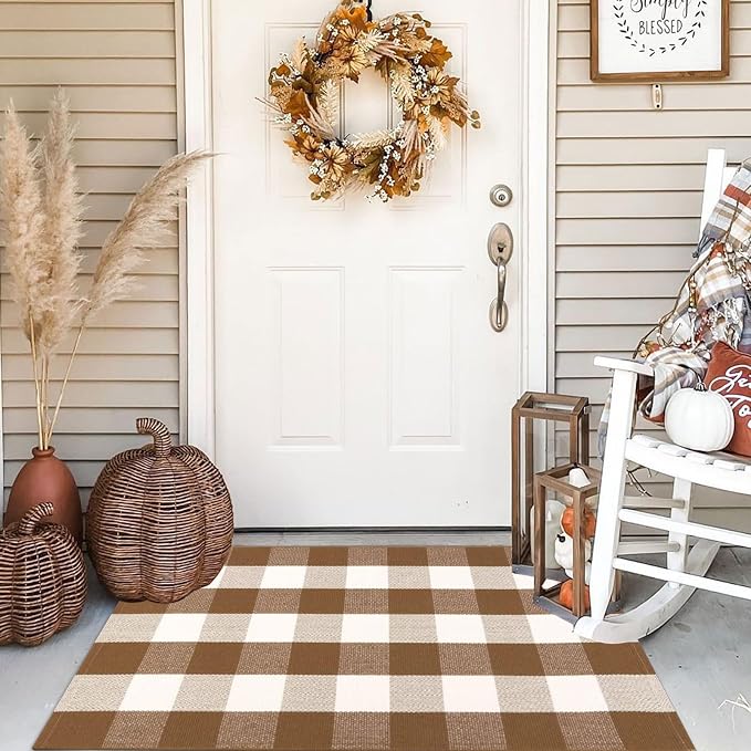 Buffalo Plaid Outdoor Rugs, 2'4" x 3'7" Brown and White Checkered Indoor/Outdoor Area Rug, Layering Rug for Hello/Welcome Door Mat, Washable Cotton Woven Farmhouse Mat for Fall Front Porch Décor