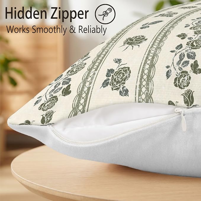 Hexagram Vintage Throw Pillow Covers 18x18, Floral Green Pillow Covers | Dusty Green, Set of 2, Boho Farmhouse Neutral Decorative for Couch Pillows, Home Decor, Bedroom, Living Room, No Insert