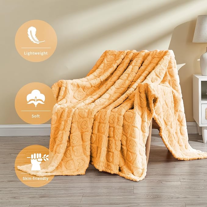 FY FIBER HOUSE Knitted Throw Blankets with Heart Checkered,Soft Warm Blankets for Lover Mom Father Gifts,Washable Lightweight Fuzzy Blanket for Couch Sofa Bed All Season(Orange,90"x108")