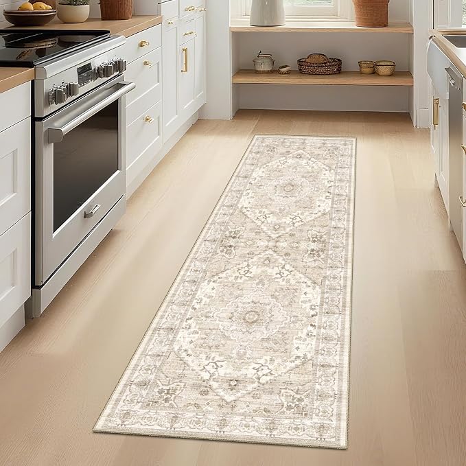 AooHHooA Boho Washable 2x6 Runner Rugs Non Slip Low Pile, Stain Resistant Vintage Soft Runners for Kitchen Hallway Laundry Entryway Bedroom,Beige