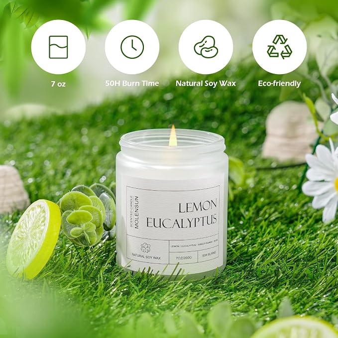 Molensun Lemon Eucalyptus Scented Candle, Soy Wax 7 oz | Bright lemon eucalyptus aromatherapy fragrance; 50H burn long-lasting jar candle; Gift for women