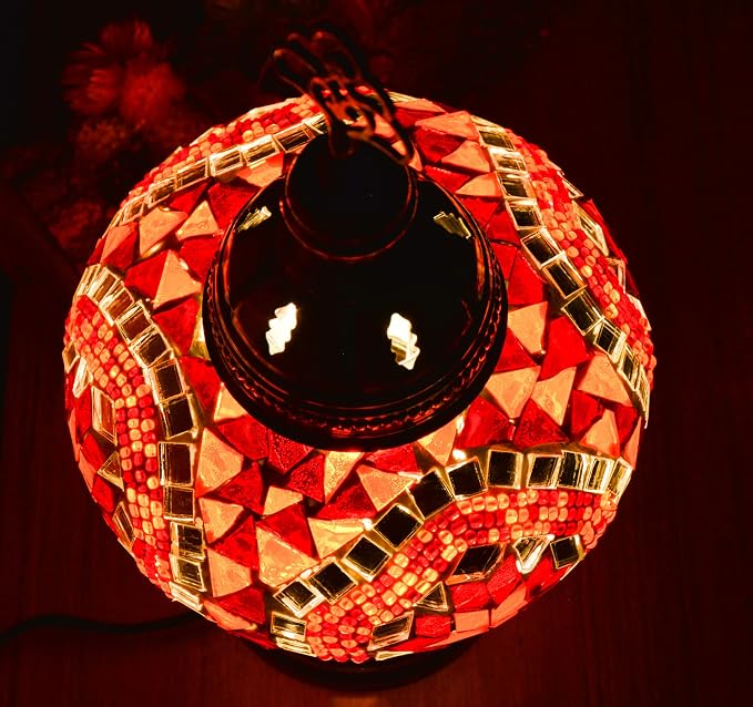Turkish Mosaic Desk Lamp with Bulb – Orange Red Tiffany-Style Glass, Vintage Bohemian Bedside & Salon Decorative Light with E12 Socket & US Plug