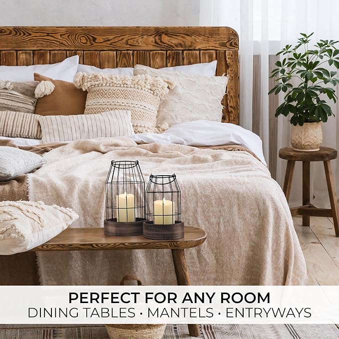 Rustic Farmhouse Lantern Decor Set of 2 - Stylish Decorative Lanterns for Your Living Room, Patio & Porch or Kitchen Dining Table - Modern Indoor/Outdoor Coffee Table Decor for Your Entire Home