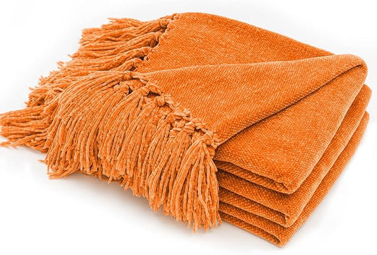 RECYCO Chenille Throw Blanket for Couch, 50"x60", Orange | Super Soft Knit Throw Blanket with Fringe Tassels, Lightweight Knitted Throw, Cozy, Ideal for Sofa Chair Bed Living Room Gift