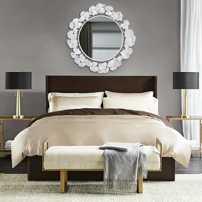 Martha Stewart Wall Décor Large Gingko Leaf Round Wall Mirror for Living Room, Iron Metal Plate Frame Antique Finish, Ready to Hang Bedroom Decoration, Eden, 30.5", White