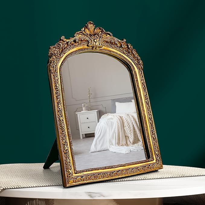 97 Decor Gold Vintage Wall Mirror - Small Gold Mirror for Tabletop and Wall Mounting, Antique Arch Frames for Desk, Small Decorative Mirrors Frame for Home Bedroom, Makeup Room Decor (10x6.8 Inch)