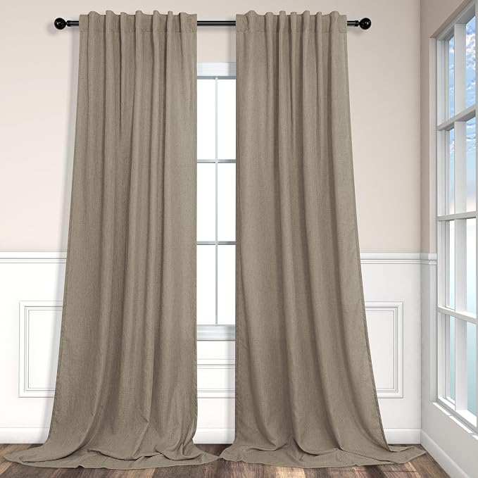 Extra Long Curtains 2 Panels Set Dark Taupe Linen Curtains 108 inches Long for Living Room Back Tab Extra Wide Curtain Neutral Farmhouse Semi Sheer Linen Drape Ceiling to Floor Length for Large Window