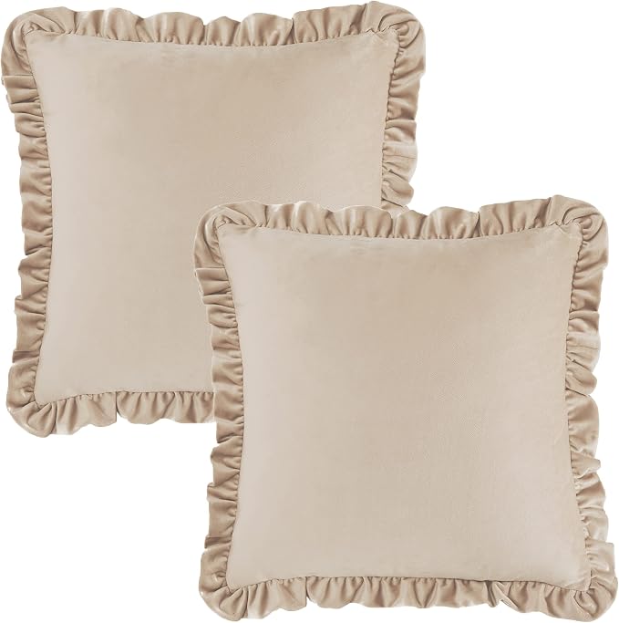 GIGIZAZA Champange Decorative Throw Pillow Covers, 18x18 Velvet Ruffle Cushion Pillow Covers for Sofa Couch Set of 2