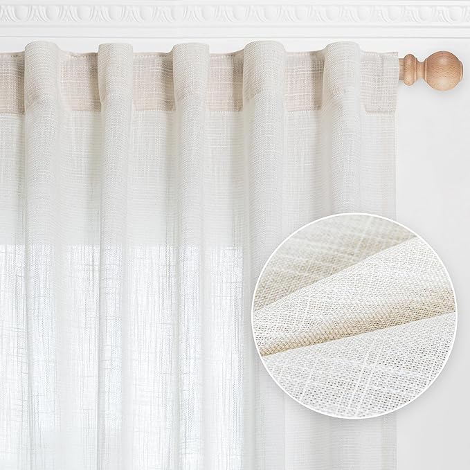 MYSKY HOME Short Curtains for Small Kitchen Windows 45 inches Length, Linen Look Curtain Drapes Cotton Polyester Blend, Soft Fabric Light Filtering Privacy Protect, Beige White, 50 x 45 inches, 2 PCs