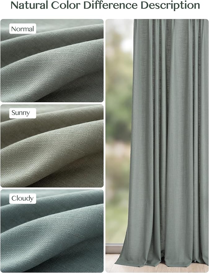 Liz Pinch Pleated Linen Curtains Light Filtering Curtains for Living Room, Farmhouse Window Curtains for Bedroom, Modern Drapes with Hooks and Rings, 95 Inches Long, Sage Green, 2 Panels Set