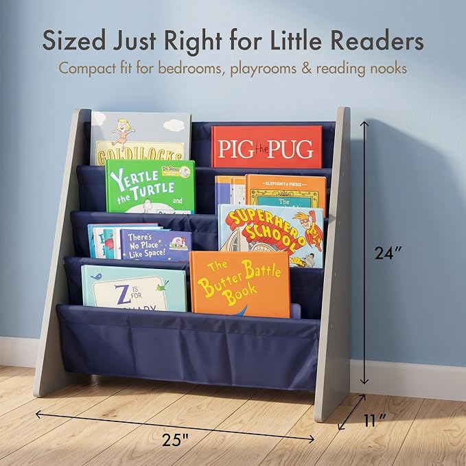 Humble Crew Kids Bookshelf, Montessori Front Facing Toddler Bookcase 4 Tier | Book display rack and reading nook organizer, nylon pockets show covers face out, compact for any playroom or bedroom space