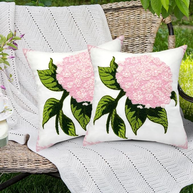 Alysheer Spring Hydrangea Embroidered Decorative Throw Pillow Covers 18"x 18" Set of 2, Summer Floral Tufted Patterned Light Pink Cotton Cushion Cases for Couch Bed Living Room Decor