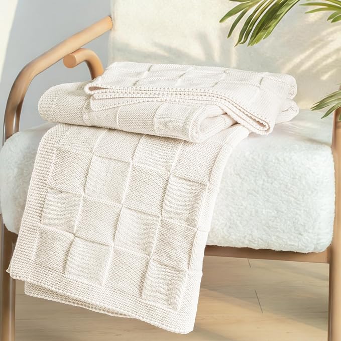 Whale Flotilla Checkered Knit Throw Blanket for Couch, Ivory | Soft Decorative Knitted Blankets for Couch Sofa Bed, Lightweight Cozy Throws for Spring Summer, 50x60 Inch