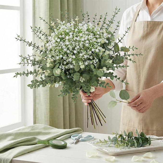 lovemoon 100 Pcs Mixed Greenery Artificial Eucalyptus Stems, Baby Breath Artificial Flowers Bulk and Eucalyptus Leaves for Wedding Bouquets Home Office Floral Decor (100, Green and White)