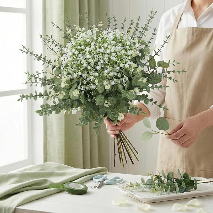 lovemoon 200 Pcs Mixed Greenery Artificial Eucalyptus Stems, Baby Breath Artificial Flowers Bulk and Eucalyptus Leaves for Wedding Bouquets Home Office Floral Decor (200, Green and White)